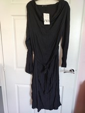 Zara Belted Black Midi Dress Size M Long Sleeve BNWT Crinkle Fabric