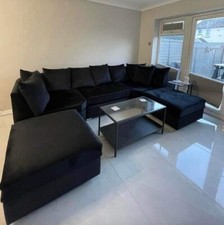 U-Shape | Bishop Corner Sofa | Scatter Back | Black Plush | Brand New 