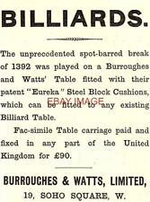 1895 Advert BURROUGHES & WATTS 'Eureka Cushion' Billiard Tables Small Ad 726/132