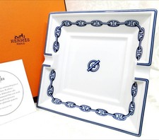 Hermes Paris Ashtray Chaine d'Ancre Porcelain Tray Plate Blue With box