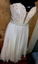 Sherri Hill White Gold Bead Strapless Midi Prom Wedding Dress US 2 UK 4 6