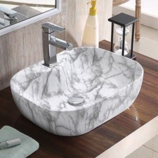 Bathroom Counter Top Ceramic Wash Basin Cloakroom Sink Rectangular Marble White