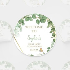 Christening Baptism Stickers Labels Green & Gold Floral Personalised Sticker