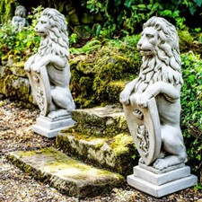 Pair Shield Lions Heavy Stone Cast Garden Statues  by DGS Statues 140KGS