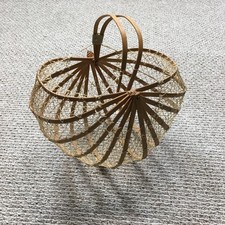 Vintage Collapsible Basket Folding Wooden Slat Net Handle Rustic Farmhouse