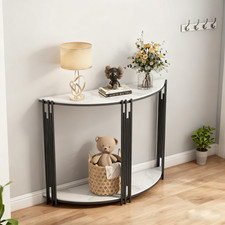 XL Half Moon Console Table 2 Shelves Marble Tabletop Narrow Entrance Hall Table