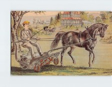 Postcard Man in sulky driving a horse with a grand house in the background