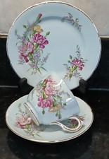 Vintage Royal Grafton Bone China Trio Cup Saucer Side Plate Blue Pink Flowers VG