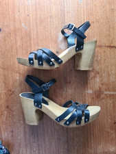 Topshop Wood Heeled Strappy Clog Sandals With Black Leather Strappy Upper 38