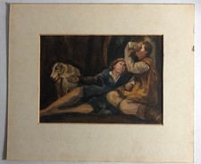Antique Painting Watercolour figures with dog Victorian English School