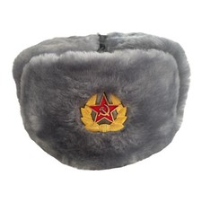 Soviet Russian Military Style Faux Fur Grey Ash Ushanka Hat Soldier Army Badge