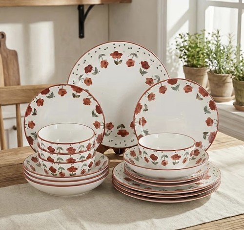 16pc red flower ceramic - 16pc,