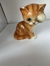 Vintage Goebel Tan Tabby Cat Figurine, Cat Rubbing Eye.  Chip To Ear