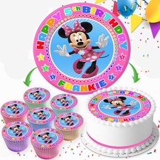 MINNIE MOUSE BIRTHDAY PERSONALISED EDIBLE CAKE TOPPER & CUPCAKE TOPPERS IV140