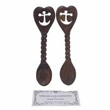 Pair of Welsh Love Spoon Wooden 6" - Heart & Anchor Hand Carved By Terry Davies