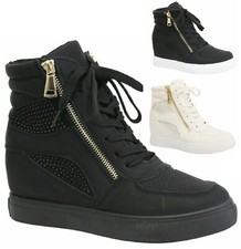 LADIES WOMENS DIAMANTE HIDDEN WEDGE SNEAKER HIGH TOP ANKLE BOOTS TRAINERS SIZE