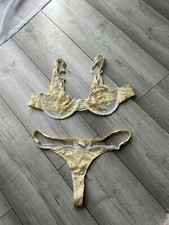Yellow White Floral Lingerie Bra Thong Set UK L 12 14 Brand New Never Worn