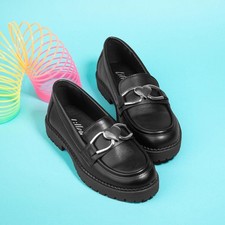 Lilley Girls Shoes Black Kids School Loafers Heart Chunky Gripped Slip On SIZE