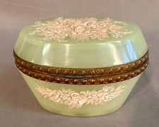 Antique French Green Opaline Glass Dresser Box 1880s Gilt Bronze & Floral Bisque