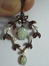 Beautiful Edwardian 15ct Opal, Ruby, Rose Diamond & Pearl Pendant Circa 1910