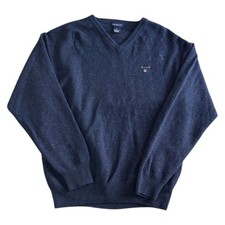 Gant Lambswool Knit Jumper V-Neck Pullover Y2K Blue Sweater Mens XL
