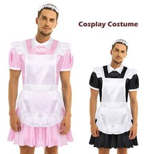 Mens Sissy French Maid Uniform Costumes Satin Dresses Apron Lingerie Set