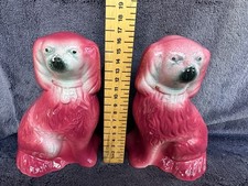 Rare Pair of Antique Pink Staffordshire Mantel Pottery 6.6" 17cm Spaniel Dogs