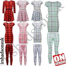 KIDS GIRLS NEW SEASON TARTAN CHECK LEGGING MIDI SKATER DRESS SKIRT T SHIRT TOP