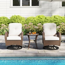 3 Pcs White Patio Rattan Bistro Set 360° Swivel Outdoor Rocking Chairs