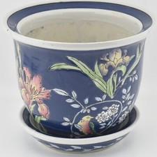 VTG Chinese Kewdos Ltd Bird & Floral Decorated Plant Pot & Saucer Tray Planter