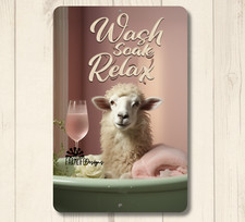 Sheep Bathroom Sign bath wash relax soak lamb metal wall bathtub art tin gift