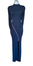 Karen Millen Small Black Rib Knit Mock Neck Front Zip Bodycon Jumper Midi Dress