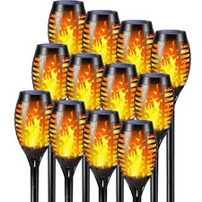12Pack Solar Garden Lights Flame Effect Stake Outdoor Path Flickering Torch Lamp