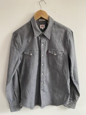 Levis Denim Shirt Mens Medium Grey Jean Pearl Snap Popper Cowboy USA Stretch Fit