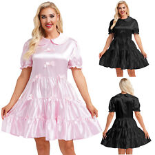 UK Women French Maid Satin Dress Costume Crossdressing Bowknot Ruffle Skirt Club