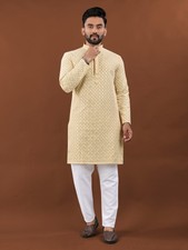 Party Wear Cotton Kurta Pajama Set With Heavy Embroidery For Men Designer Look