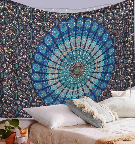 Blue peacock mandala - peacock, wall