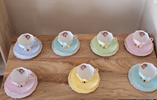 QUEEN ANNE HARLEQUIN VTG FINE BONE CHINA TRIO TEASET GOLD TRIM PASTAL ROSE 