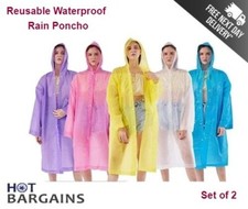 2 x Waterproof Adult Rain Poncho Reusable Plastic Raincoat for Camping Festival