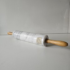 VINTAGE HEAVY MARBLE ROLLING PIN WITH WOODEN HANDLES VGC 18" Long