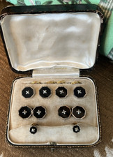 1920's Onyx 9k & 18k Gold Cufflinks Studs Dress SET in case Vtg Antique black