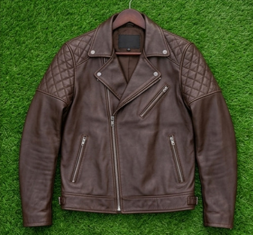 Men brown leather biker - leather,