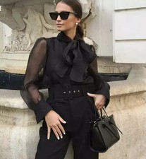 ZARA Semi Sheer Organza Blouse Top Shirt Pussy Bow Button Blogger Size L Black