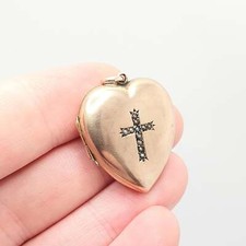 Antique 9ct 9k Rose Gold Heart Locket Crucifix Cross Seed Pearl Pendant Large