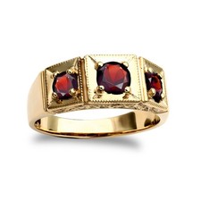 Mens 9ct Gold Jewelco London Garnet 3 Stone Trilogy Carved Gypsy Ring