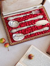 Cased 19th French Sterling Silver Cutlery Set, Butter Knife, Fork, Sugar Sifter
