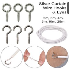 2M-25M White Net Curtain Wire Cord Cable with Hooks and Eyes Fittings Window