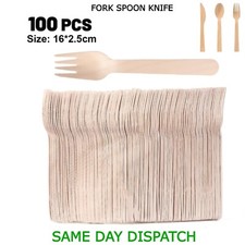 100pcs Wooden Knife Fork Spoons Disposable Wood Cutlery Wedding Birthday Party