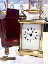Antique Anonymous French Carriage Brass & Bevelled Crystal Glass Clock + Case