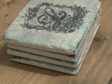 Set Of Four Vintage French Ceramic Tile Coasters “LOVE” Ornate Writing Monogram.